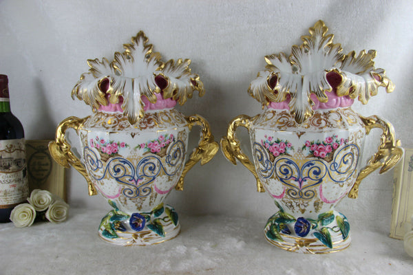 Pair large French antique 1900 Vieux paris porcelain Cornet Vases floral swans