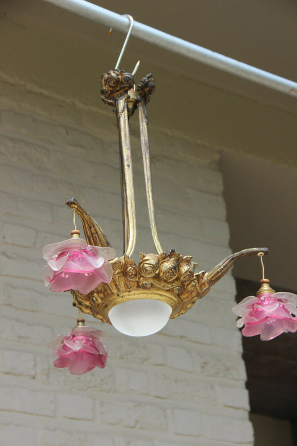 Antique art nouveau french pink tulip glass shade 3 arm chandelier pendant