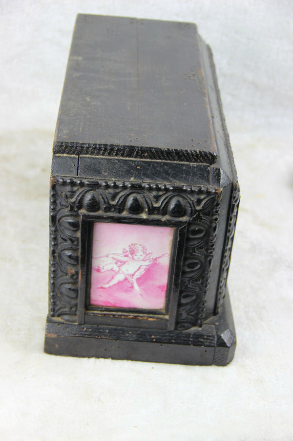 Antique 1879 Wood carved faience hand paint putti romantic cupido Base signed