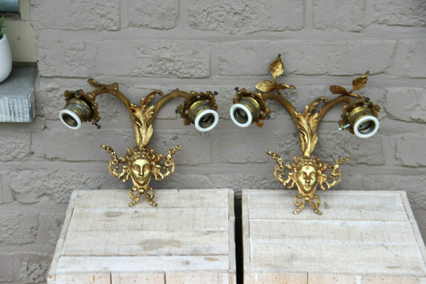 PAIR vintage French brass Caryatid Medusa portrait head wall lights sconces
