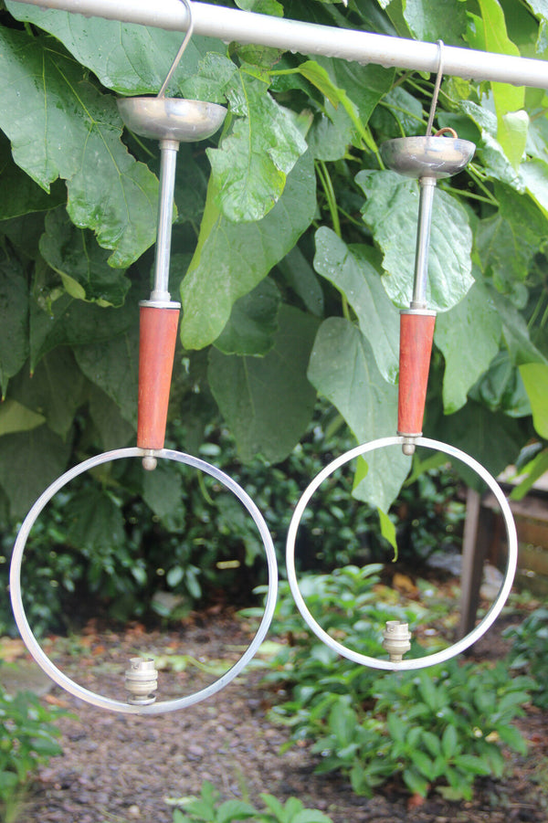 PAIR Scandinavian Mid century Wood metal chrome pendant chandelier geometric