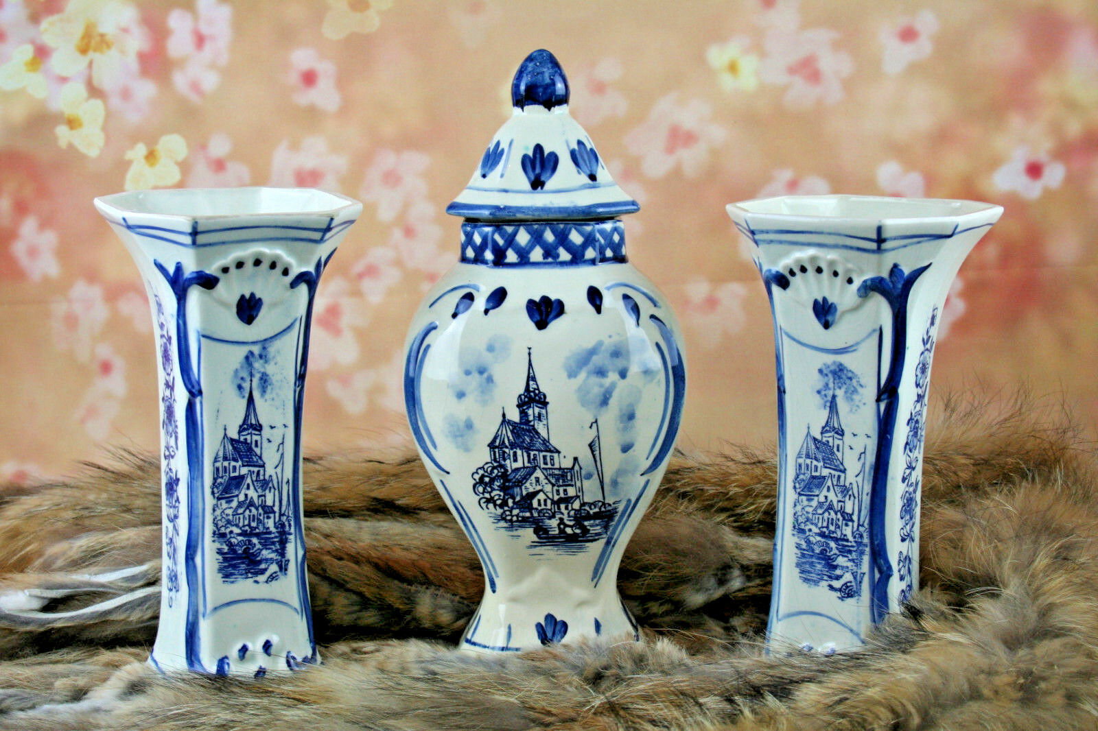 DELFT Dutch porcelain  Mantel set garniture VASES ( 3 pcs ) all marked