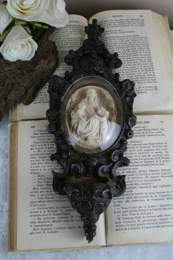 Antique napoleon III wood carved Meerschaum holy water font 1880 christ
