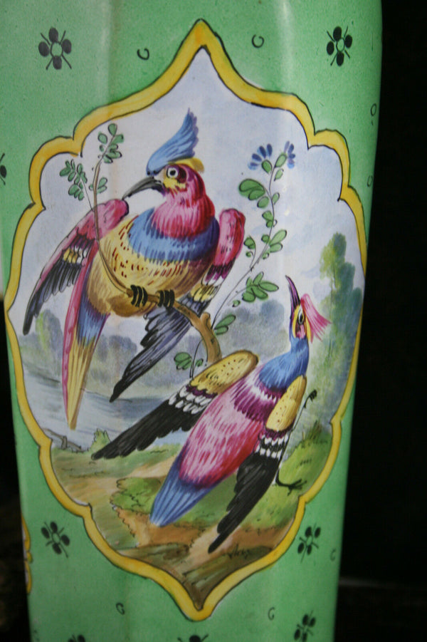 Stunning PAIR European Art Ceramic green bird Vases insects floral 1930