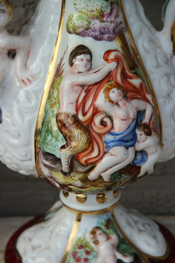 Rare Italian Capodimonte marked porcelain Ewer pitcher vase putti Swan mouth