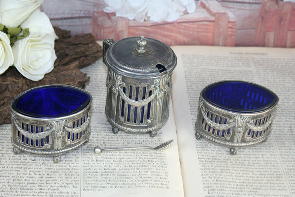 Vintage Pewter metal Salt / pepper / mustard blue cobalt glass spoon marked