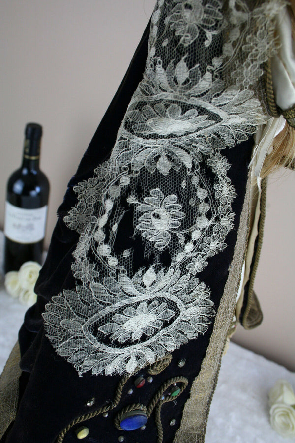 Rare Antique 1880 French crown Wax Madonna statue child cape stones religious