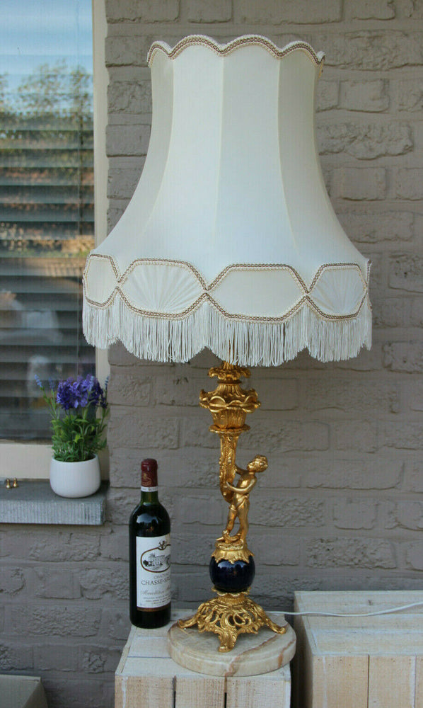 HUGE 38" Brass Putti angel Table lamp onyx marble base 1970