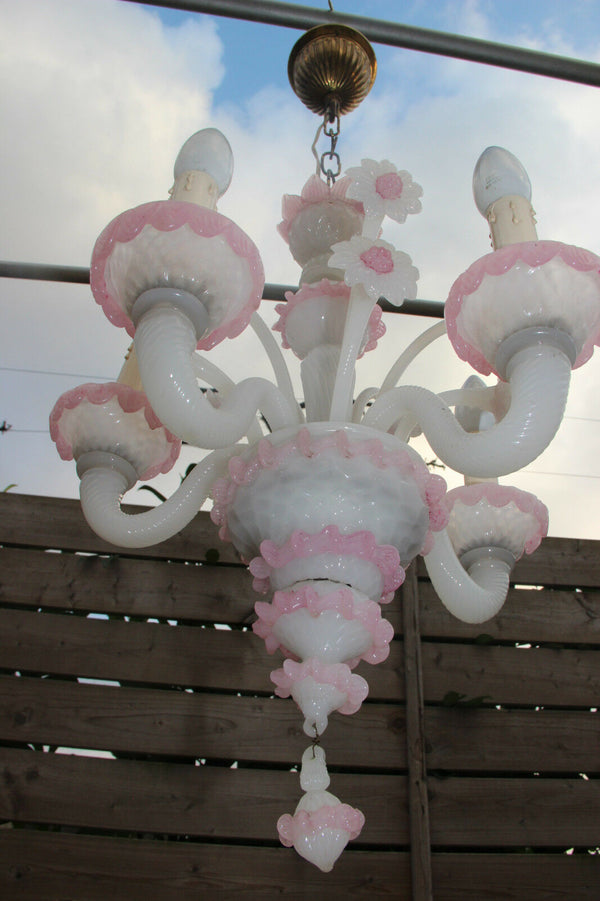 Italian 1970 Pink MURANO hand blown Venetian 5 arms chandelier floral