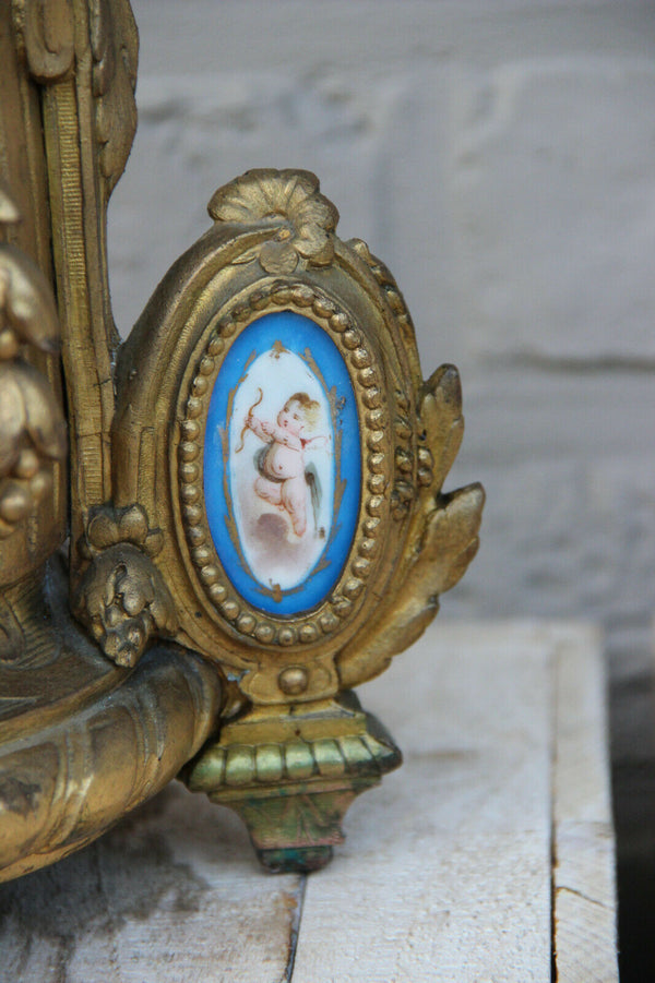 Antique french Spelter bronze porcelain sevres putti medaillon clock