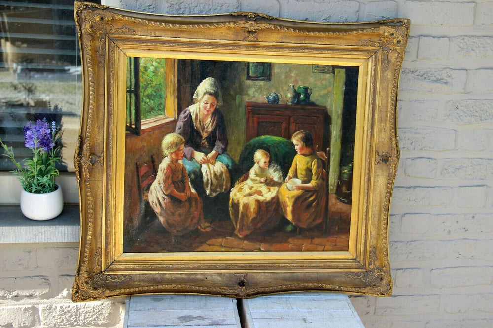 Stunning Flemish family interior  oil canvas vintage painting 1970s
