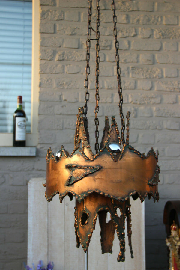 Rare Brutalist Mid century 1970 copper Brass torch Cut Chandelier attr. Greene