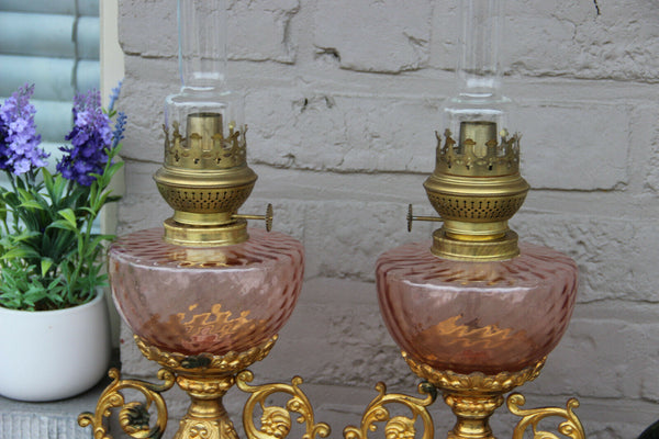 Rare Antique bronze French Church altar PAIR oil Lamps enamel decor religious