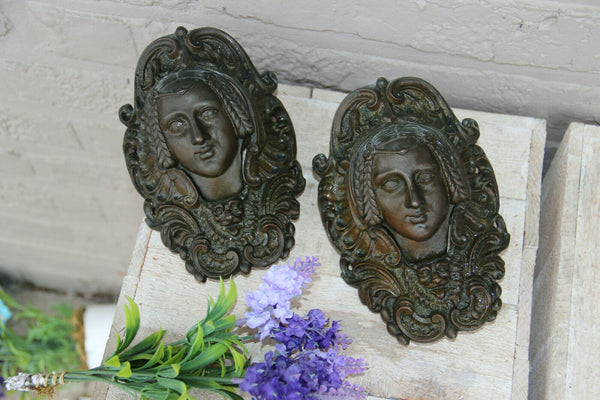 Antique PAIR bronze French  19thc Billiard pocket holder Caryatid portrait putti