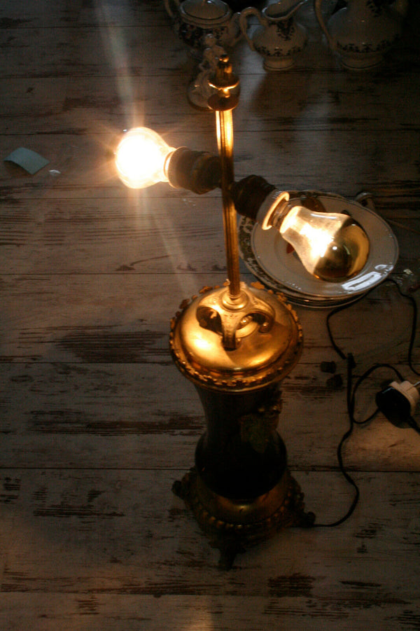 Antique French blue Faience satyr devil heads Vases mounted lamps 1900