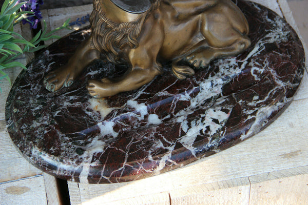Antique Rare French bronze lion marble base inkwell desk