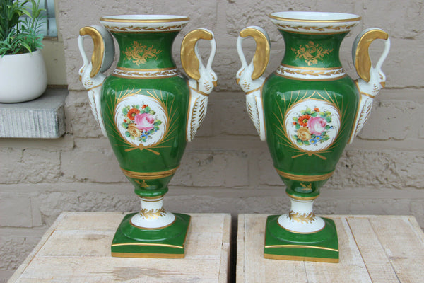 Antique Pair French vieux paris porcelain Floral vases Empire swan handle