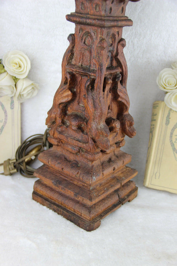 Rare 1880 Antique French Table lamp wood carved gargoyle dragon gothic castle