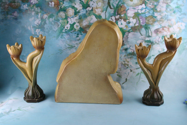 French altar Buste set Holy Virgin Mary Madonna with 2 matching candleholders