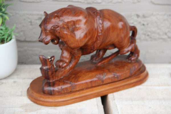 Rare japanese hand wood carved bear snake fight statue
