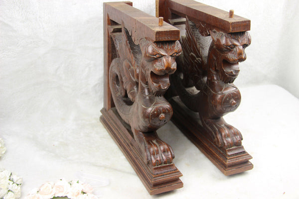 PAIR large gothic dragon Griffin wood carved statue figurines hunting cabinet