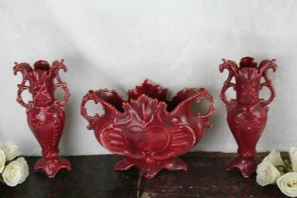 Antique French 1900 art nouveau Barbotine Majolica Vases Set center piece