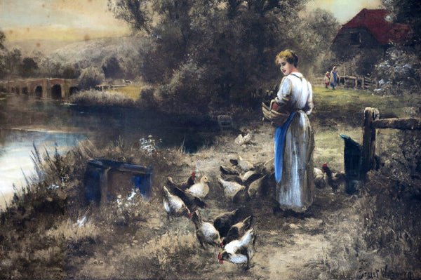Ernest Walbourn engraving gouache painting mixed signed feeding chicken lady
