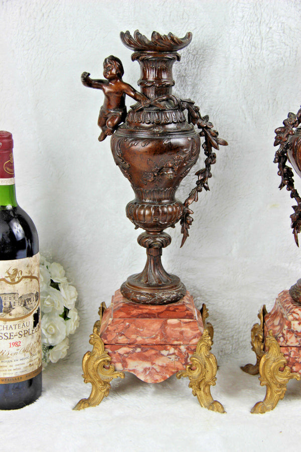 PAIR Spelter bronze marble Putti cherub urns vases french antique