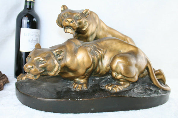Large ART deco 30's Chalkware gold patina Tiger Panther Couple on the hunt