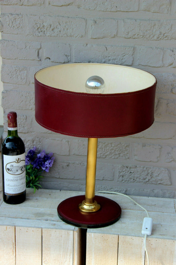 Mid-Century French Brass and Leather Table Lamp 1950 attr jacques adnet