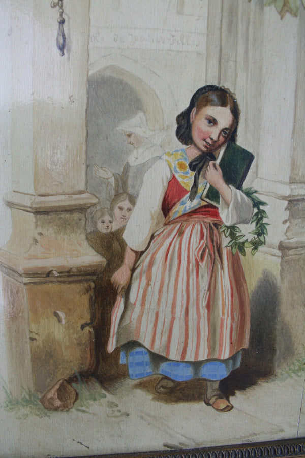 PAIR Gorgeous French Master unsigned Oil panel girls school  nun 1940