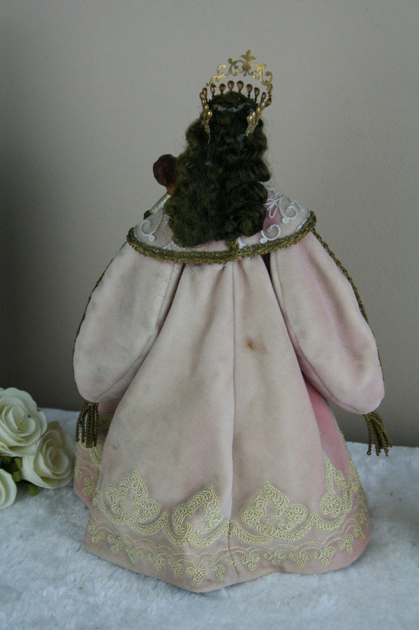 Antique French Wax Madonna statue child pink cape religious figurine 1930
