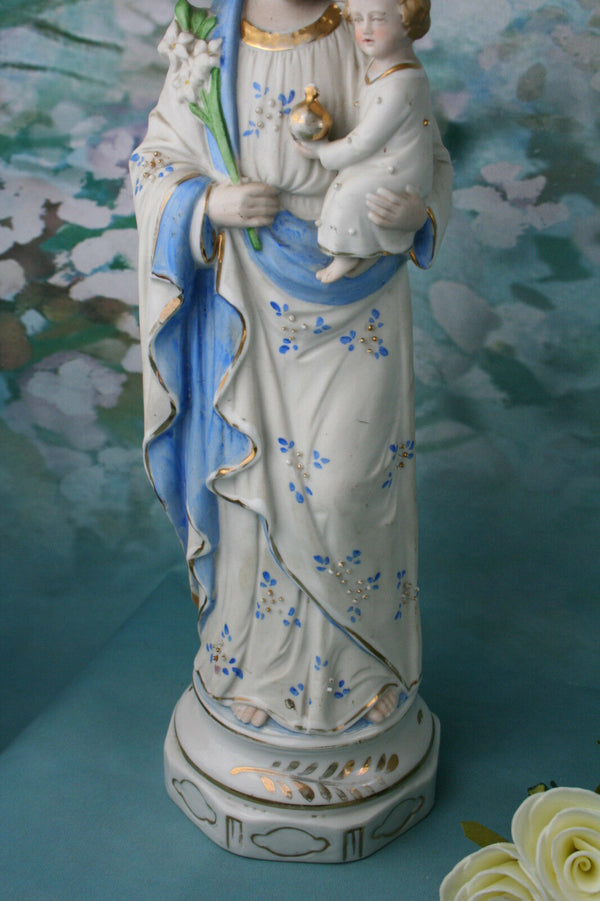Large French Biscuit Holy Saint Joseph child Jesus statue figurine pastel blue