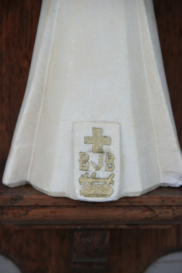 Antique French Religious chalkware Madonna statue on wood console marked