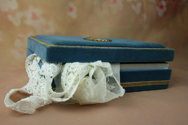 Antique FRENCH fabric box velvet nice color blue with medallion frazarte signed