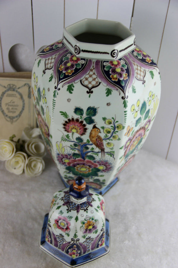 LARGE polychrome ceramic DELFT Bird floral lidded vase marked Dutch