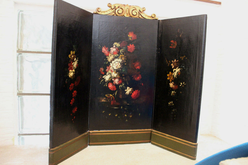 RARE 47" XXL  Antique 19thc French Tryptich Oil canvas painting flowers wood