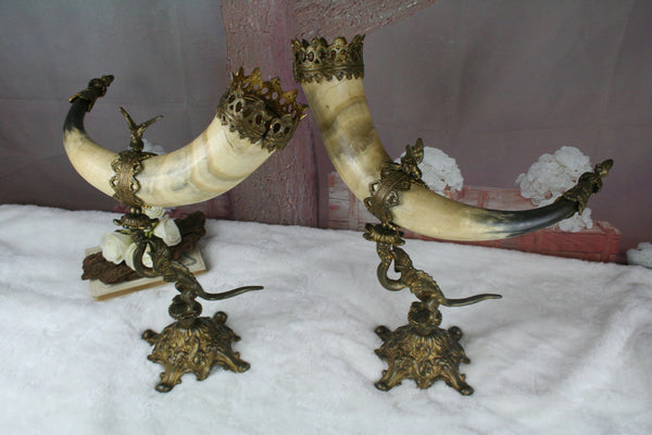 PAIR antique Cornucopia horn Gothic dragon chimaera with eagle on top rare