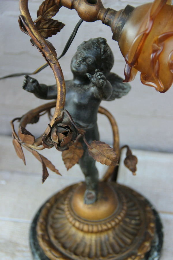 Antique French spelter marble base amber tulip shade angel putti lamp