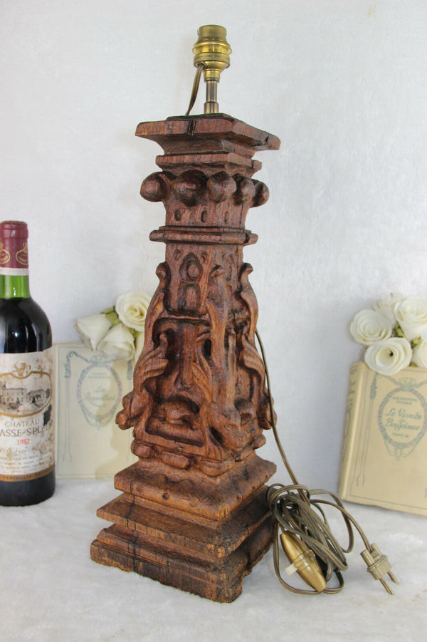 Rare 1880 Antique French Table lamp wood carved gargoyle dragon gothic castle