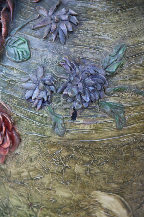 Antique Flemish earthenware terracotta XL Vase with grapes floral decor