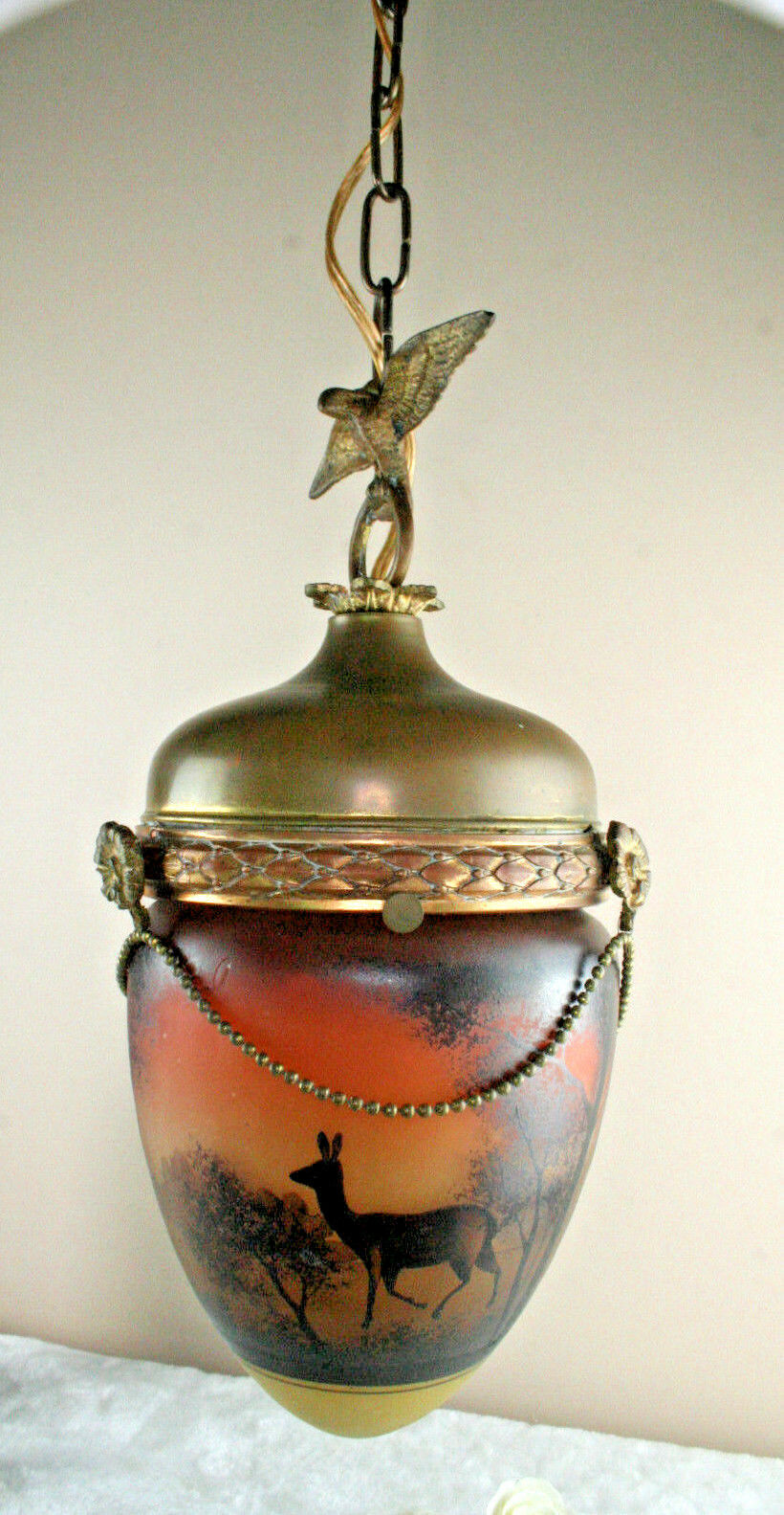 French antique Brass eagle glass paste acorn deer hunt shade rare