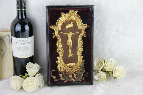 Antique french Napoleon III Crucifix holy font framed glass religious relic