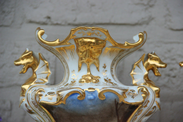 PAIR Antique 19thc Vieux paris porcelain Vases dragon gothic victorian rare