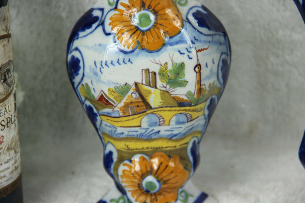 Set 3 Antique Delft polychrome pottery vases set farm landscape dutch decor mark