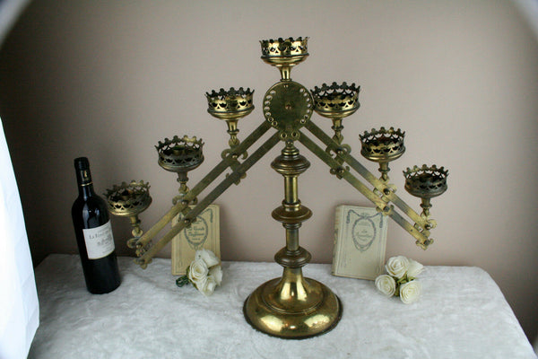 HUGE 7 arms neo gothic copper church altar candelabra religious fleur de lys