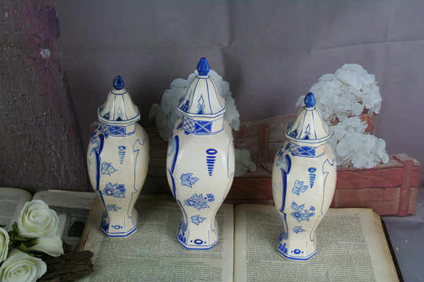 Set of 3 Delft blue white pottery vases lidded Landscape scene marked