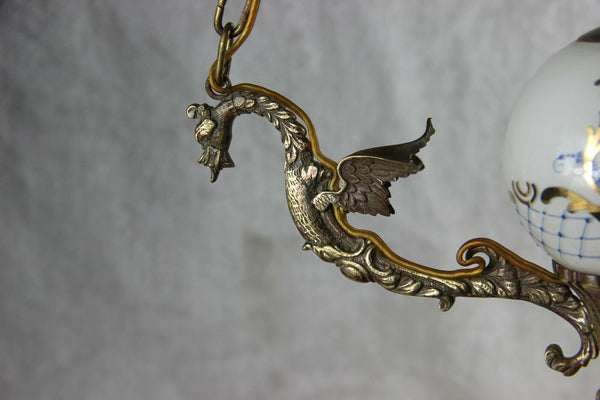 French vintage bronze Dragon gothic 3 arms chandelier opaline glass ball 1950