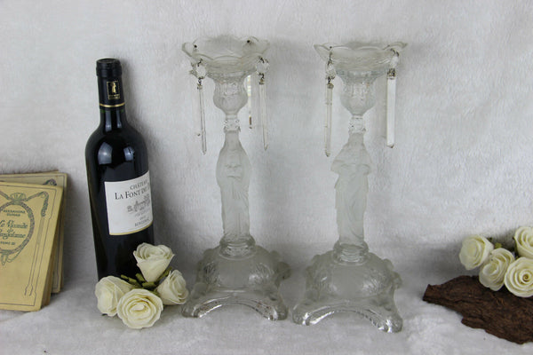 PAIR Rare frosted Glass Sacred Heart Candlestic Madonna Val Saint Lambert 1913