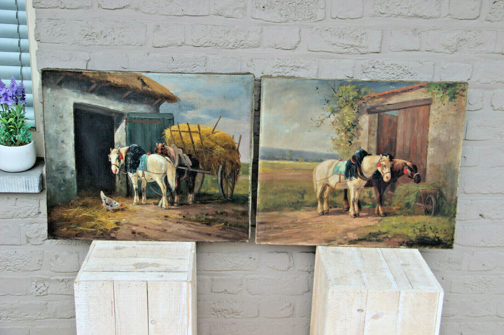 PAIR antique oil canvas painting horses equestrian signed E Fromentin 19thc